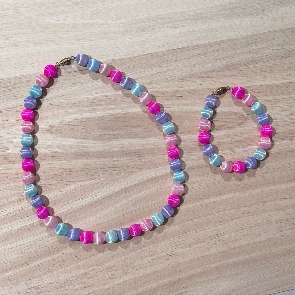 Vintage Silk Thread Wrapped Beaded Necklace and Bracelet Set